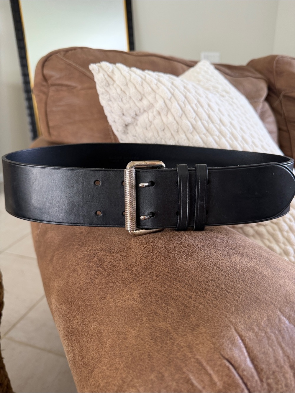 Ralph Lauren Black Leather double prong Belt with Silver-Tone Buckle